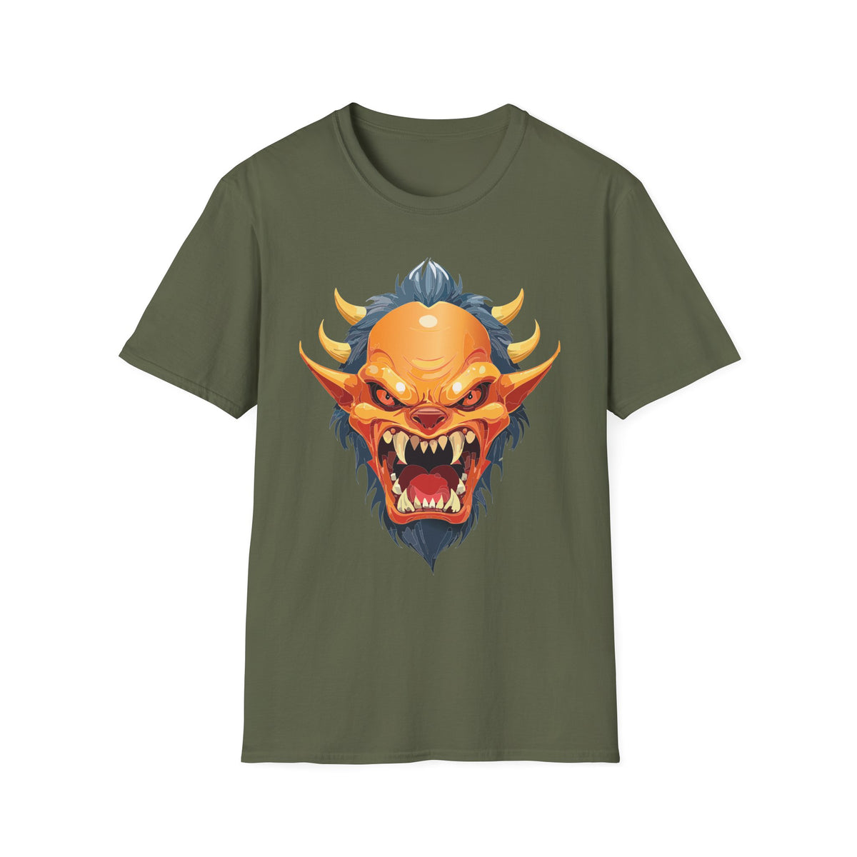 Demonic Oni Mask T-Shirt — Fierce Japanese Demon Face Cartoon Graphic Tee Unisex 100 Cotton Gildan T-Shirt