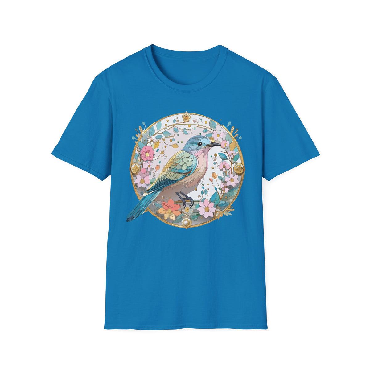 Floral Bird Illustration T-Shirt | Pastel Nature Circle Design