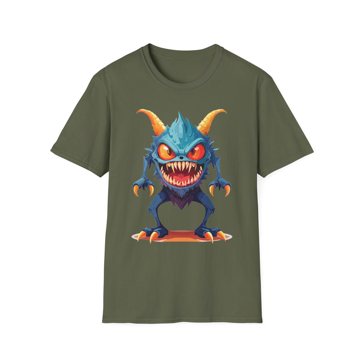 Monster Graphic T-Shirt — Cute Scary Blue Demon Tee for Halloween & Gamer Fans Cartoon Graphic Tee Unisex 100 Cotton Gildan T-Shirt