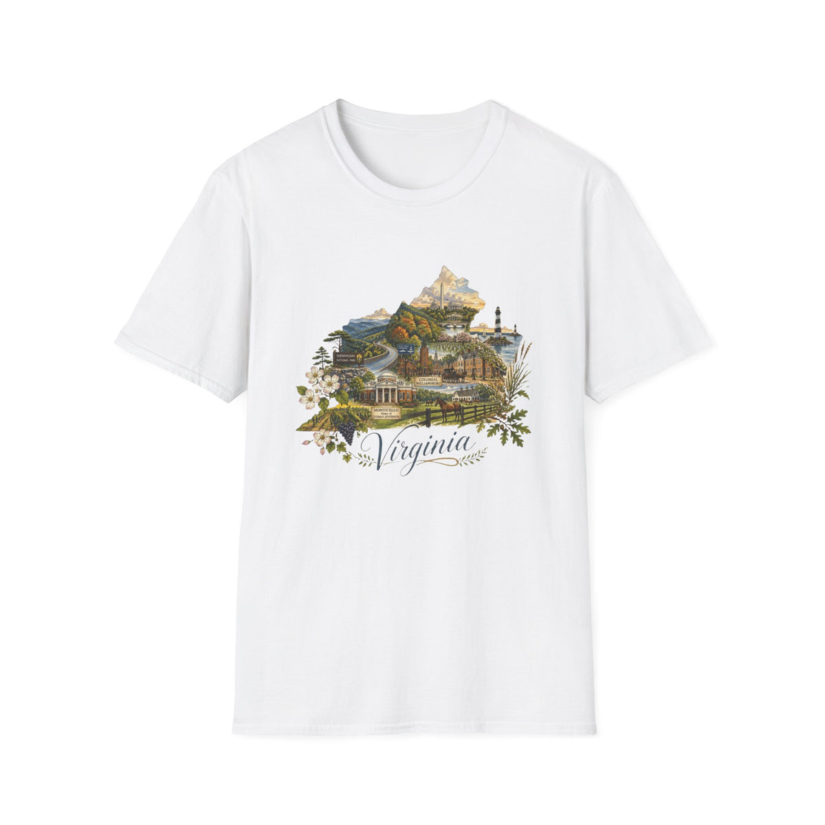 Virginia State Scenic T-Shirt — Vintage Mountains & Coastal Landmarks Travel Tourist Graphic Design Unisex 100 Cotton Gildan T-Shirt