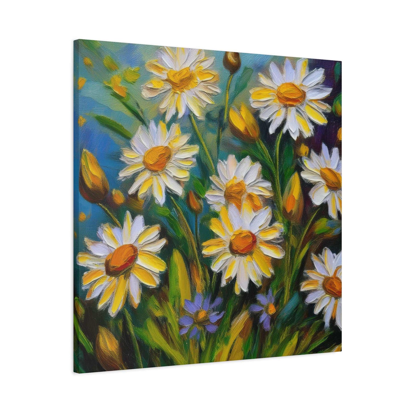 White Daisies Print Canvas, Floral Oil Paint Print 20x20, 24x24, 30x30, 32x32, 36x36 Art Design Pine-Wood Inner Frame MC-127