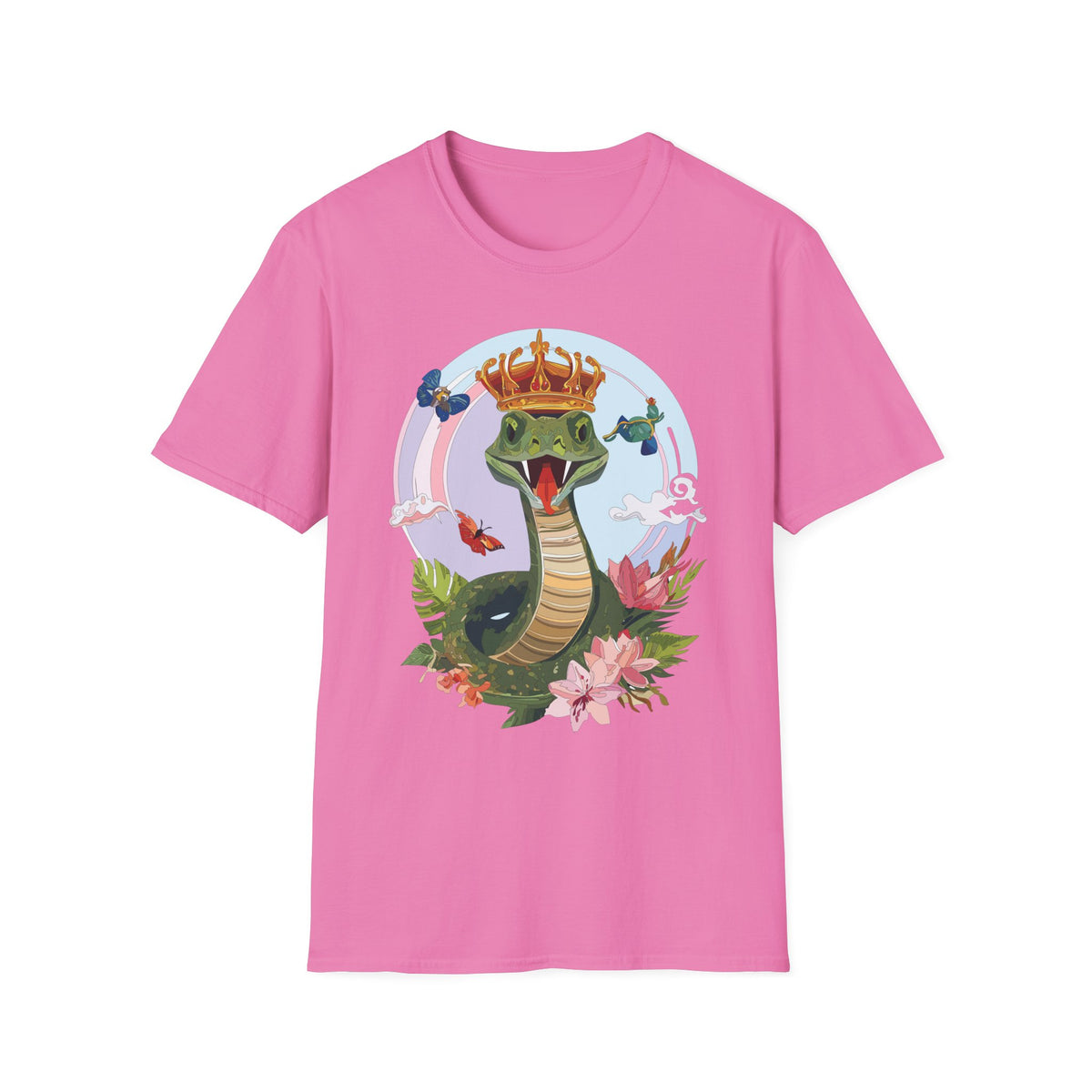 Crowned Snake Illustration T-Shirt | Regal Snake with Crown and Butterflies