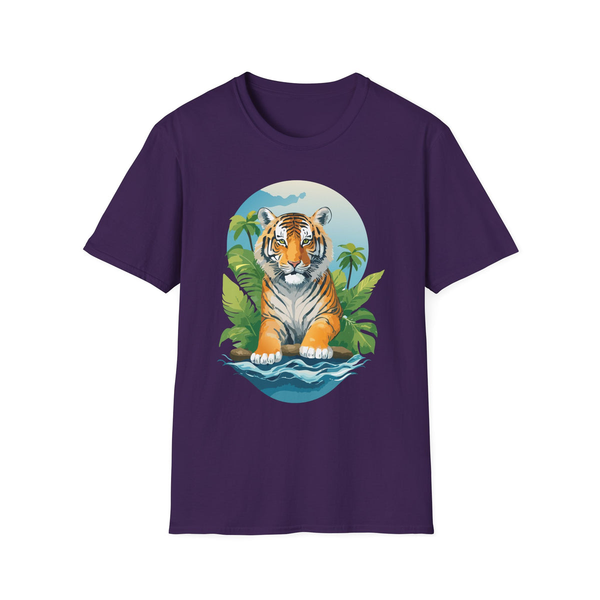 Tropical Tiger Illustration T-Shirt | Jungle Palm Sunset Tee