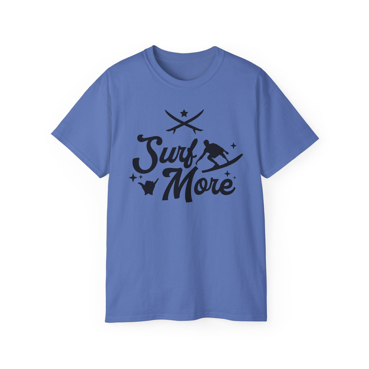 Surf More surfboard graphic Tee | surfer silhouette, waves, retro script