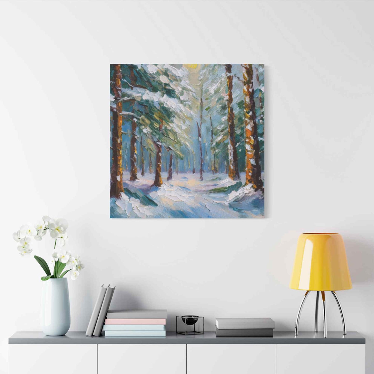Snow Forest Print Canvas, Oil Paint Print 20x20, 24x24, 30x30, 32x32, 36x36 Art Design Print Pine-Wood Inner Frame MC-81