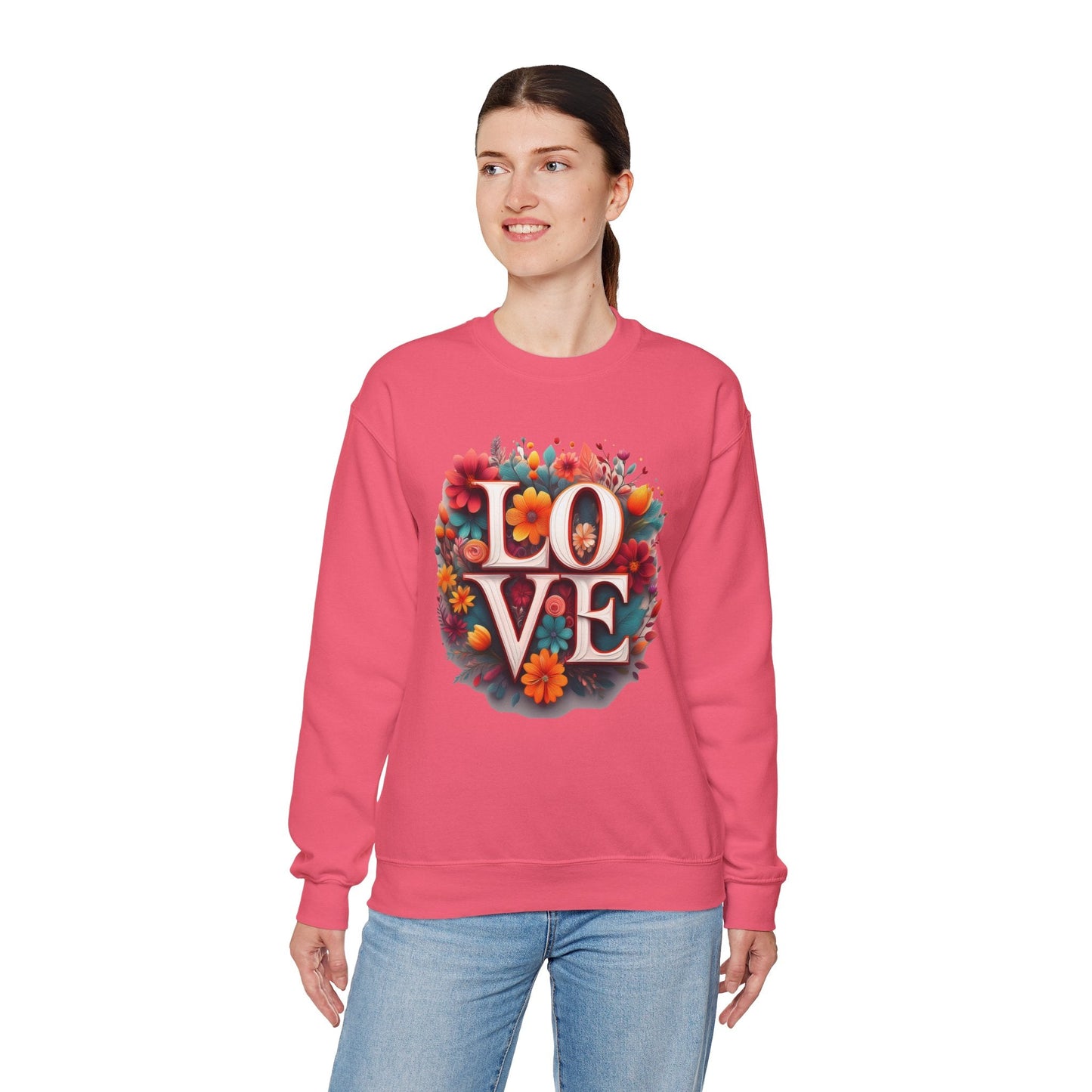 Floral Love Valentines Day Sweatshirt Unisex Heavy Blend Crewneck 50/50 Cotton Polyester Gildan 18000