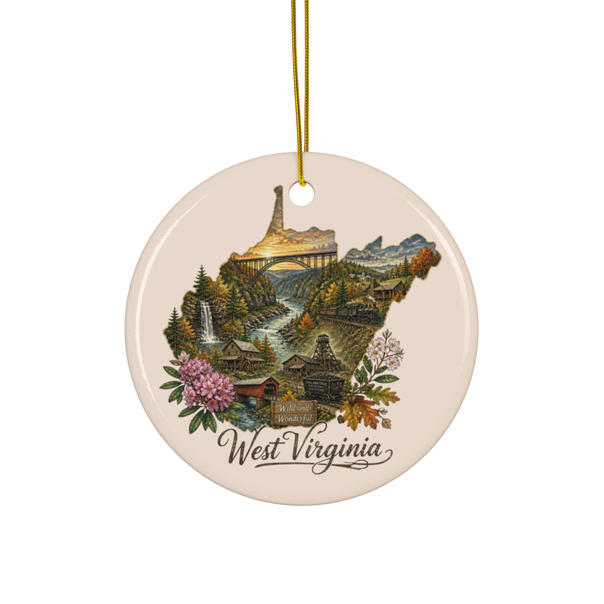 West Virginia State Map Ornament | Ceramic Round Ornament - 2.99" Includes Gold String