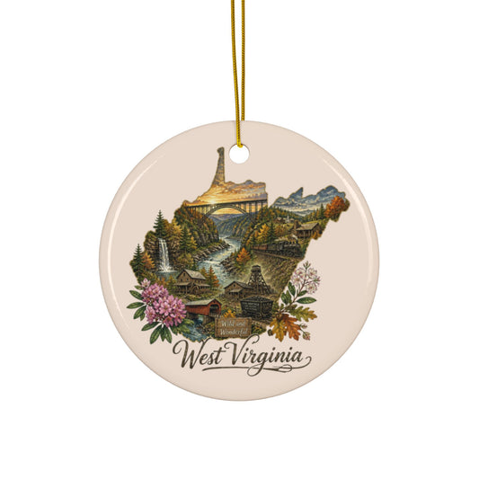West Virginia State Map Ornament | Ceramic Round Ornament - 2.99" Includes Gold String