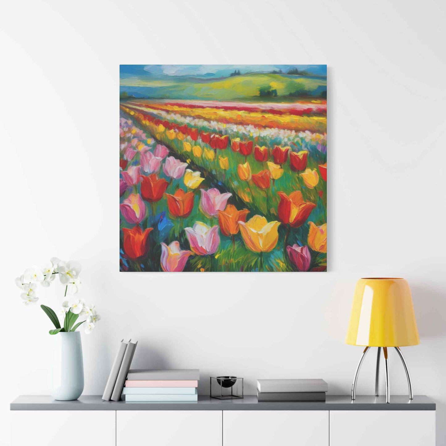 Tulips Fields Print Canvas, Floral Oil Paint Print 20x20, 24x24, 30x30, 32x32, 36x36 Art Design Pine-Wood Inner Frame MC-147