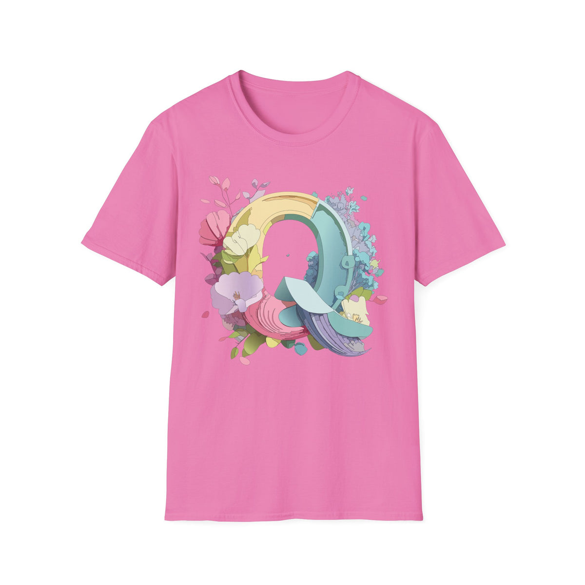 Floral Letter Q T-Shirt | Pastel Rainbow Monogram Tee