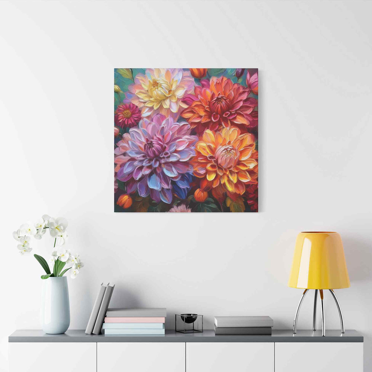 Dahlias Floral Print Canvas, Floral Oil Paint Print 20x20, 24x24, 30x30, 32x32, 36x36 Art Design Pine-Wood Inner Frame MC-167