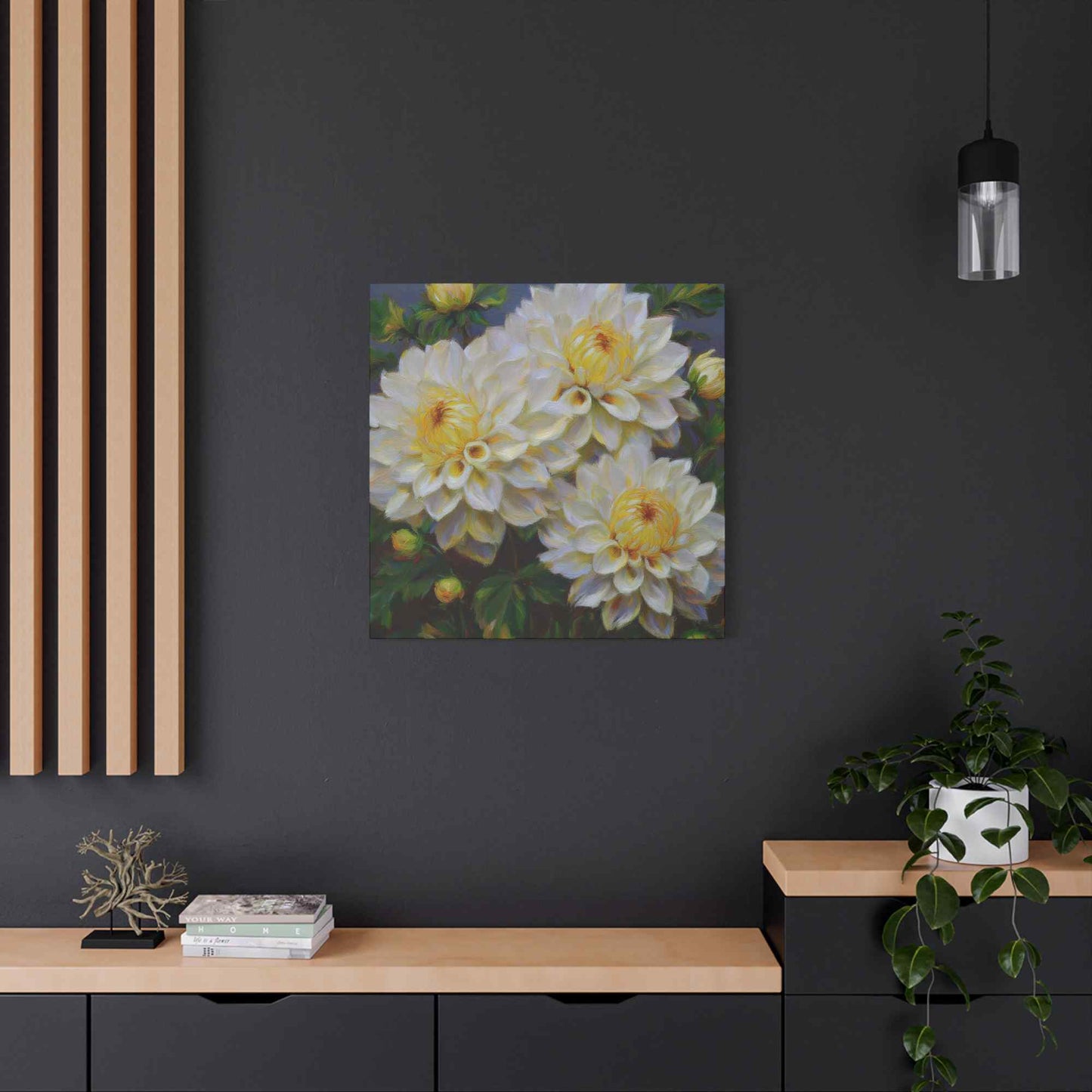 White Dahlias Print Canvas, Floral Oil Paint Print 20x20, 24x24, 30x30, 32x32, 36x36 Art Design Pine-Wood Inner Frame MC-168