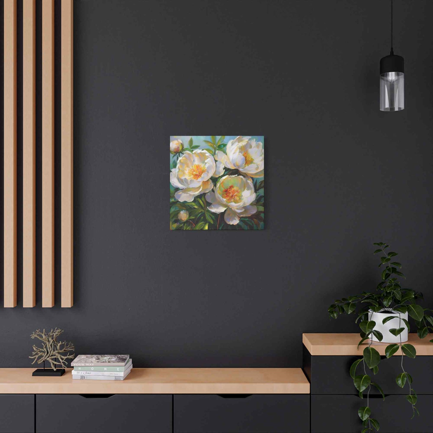 White Peonies Print Canvas, Floral Oil Paint Print 20x20, 24x24, 30x30, 32x32, 36x36 Art Design Pine-Wood Inner Frame MC-117
