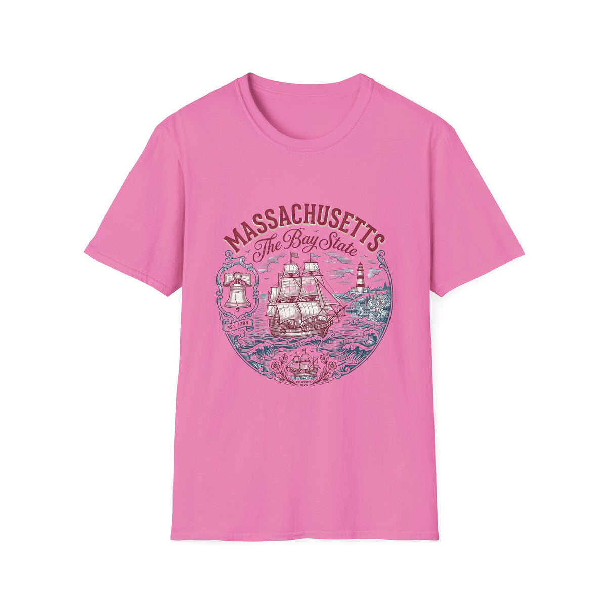 Massachusetts The Bay State T-Shirt – Vintage Nautical Ship Lighthouse Travel Tourist Graphic Design Unisex 100 Cotton Gildan T-Shirt