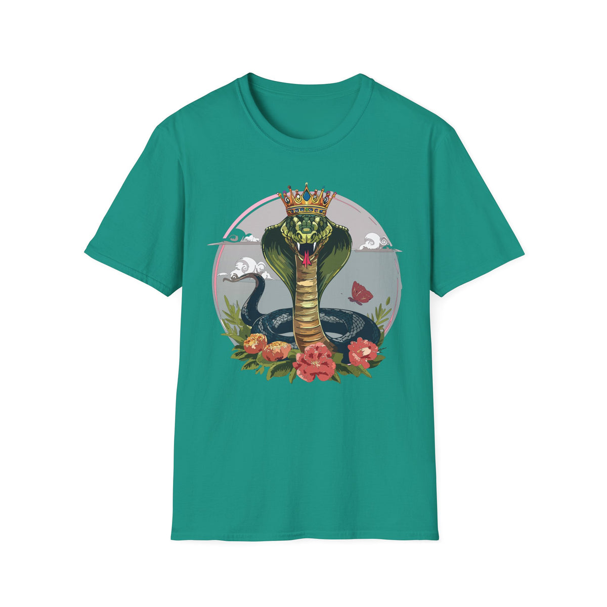 Crowned King Cobra T-Shirt | Snake Illustration, Floral Accent