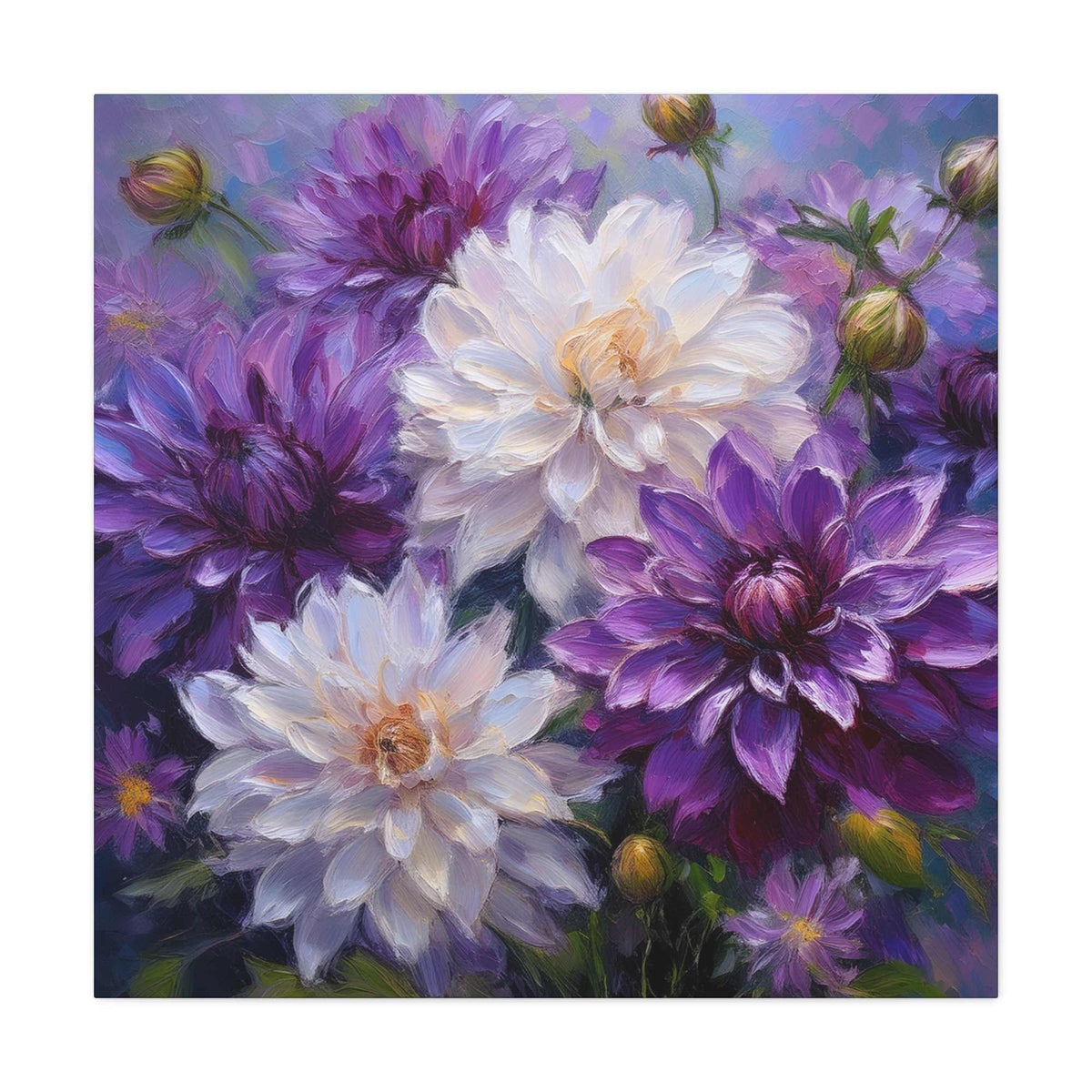 Dahlias Floral Print Canvas, Floral Oil Paint Print 20x20, 24x24, 30x30, 32x32, 36x36 Art Design Pine-Wood Inner Frame MC-171