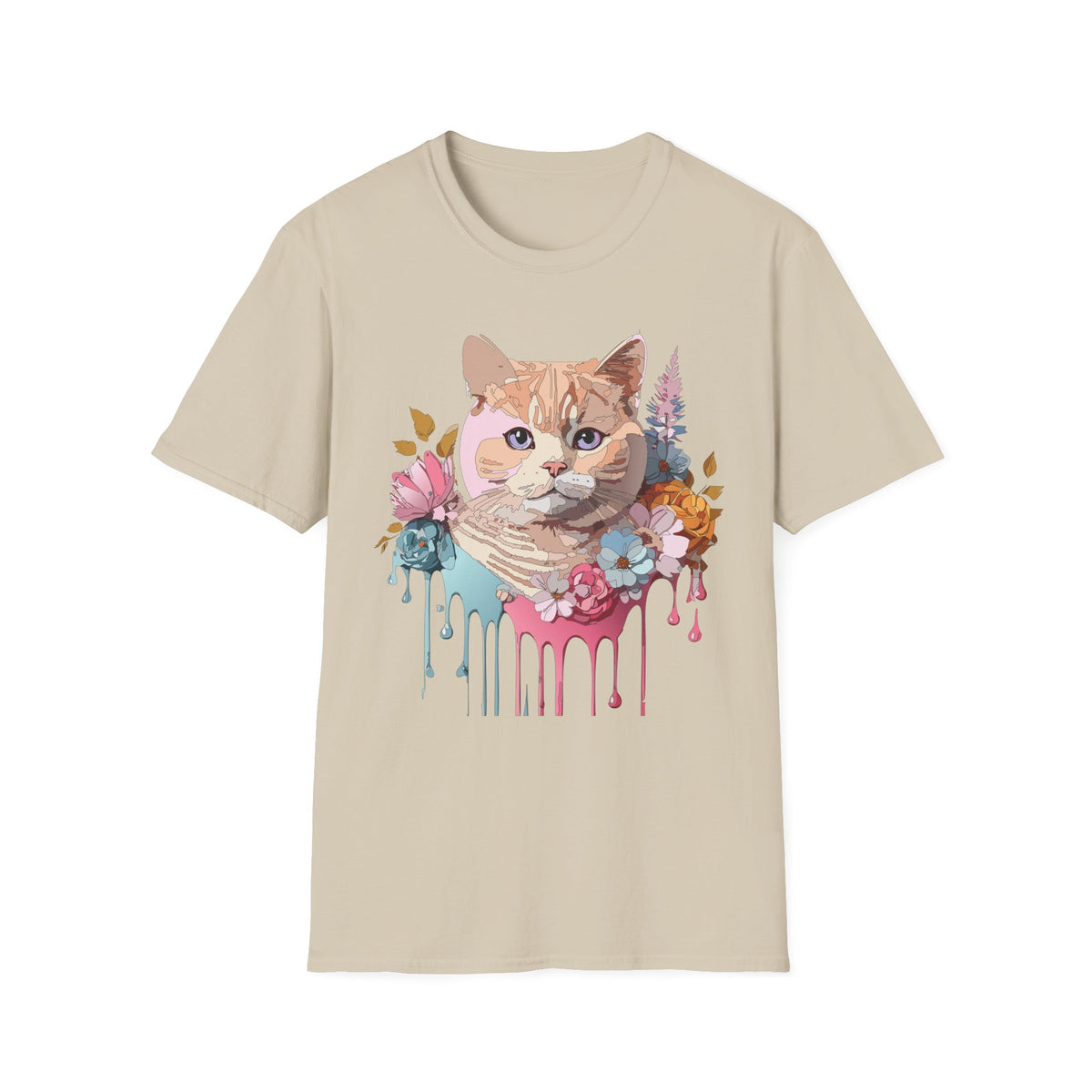 Floral Ginger Cat Portrait T-Shirt | Painted Cat Face with Flowers
