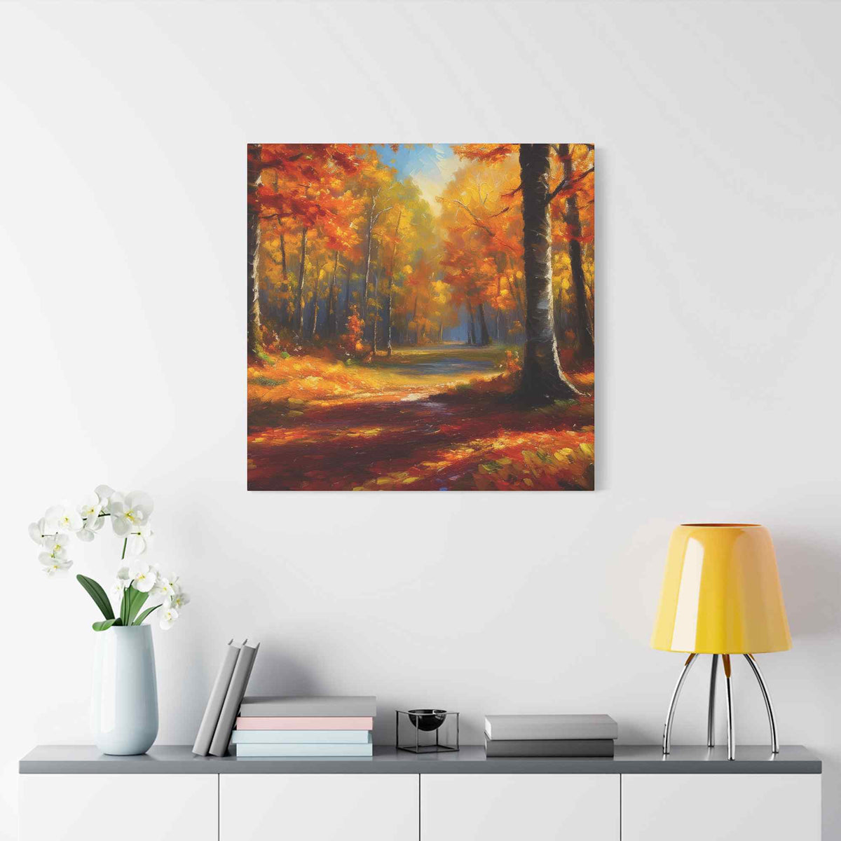 Fall Forest Print Canvas, Oil Paint Print 20x20, 24x24, 30x30, 32x32, 36x36 Art Design Canvas Pine-Wood Inner Frame MC-101