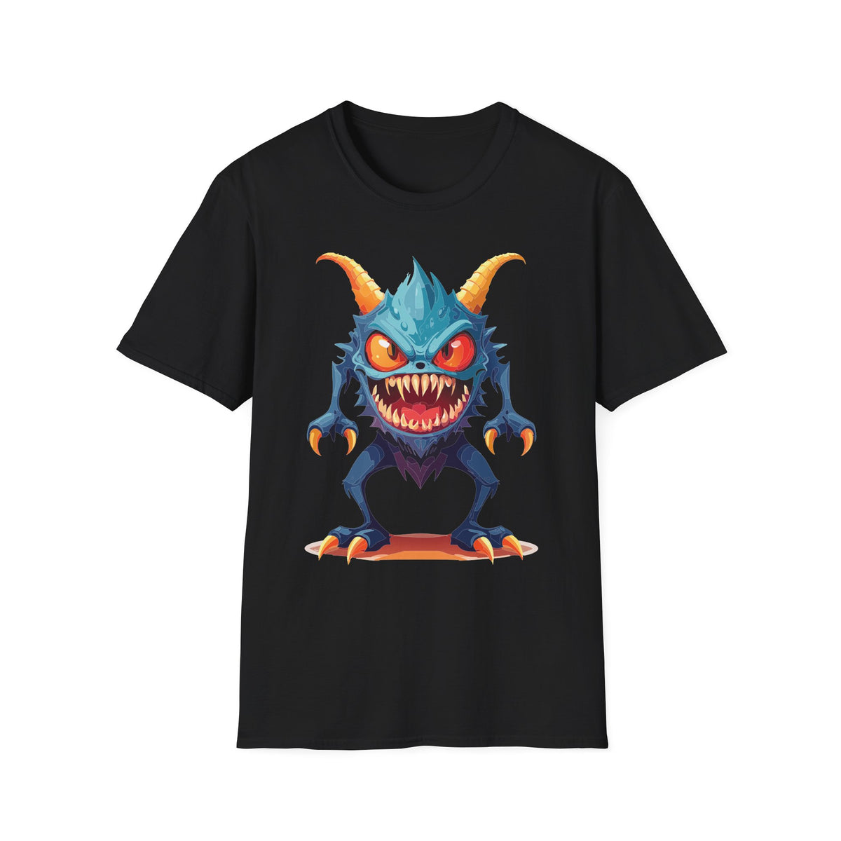 Monster Graphic T-Shirt — Cute Scary Blue Demon Tee for Halloween & Gamer Fans Cartoon Graphic Tee Unisex 100 Cotton Gildan T-Shirt