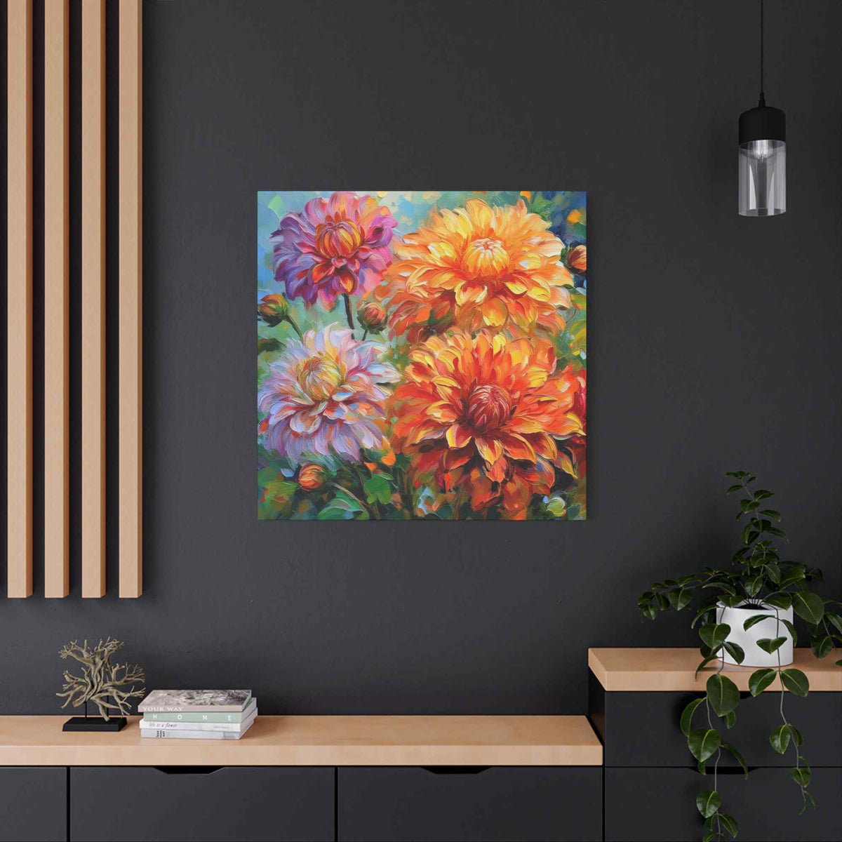 Dahlias Floral Print Canvas, Floral Oil Paint Print 20x20, 24x24, 30x30, 32x32, 36x36 Art Design Pine-Wood Inner Frame MC-166