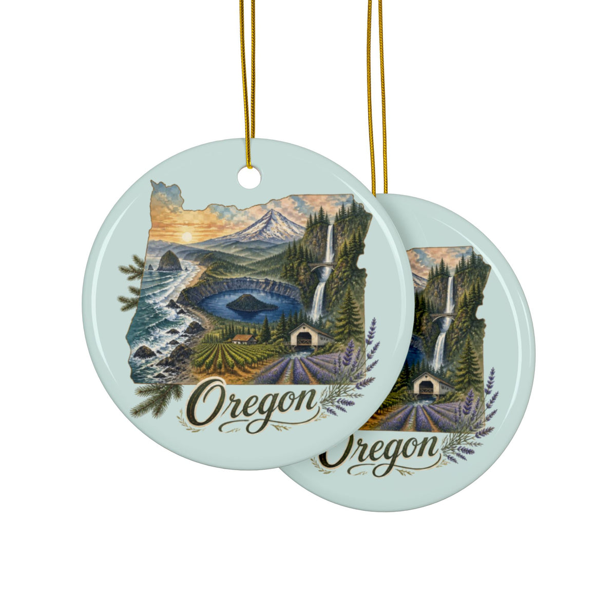 Oregon State Landscape Ceramic Ornament | Round Double-Sided Holiday Ornament - 2.99" Includes Gold String