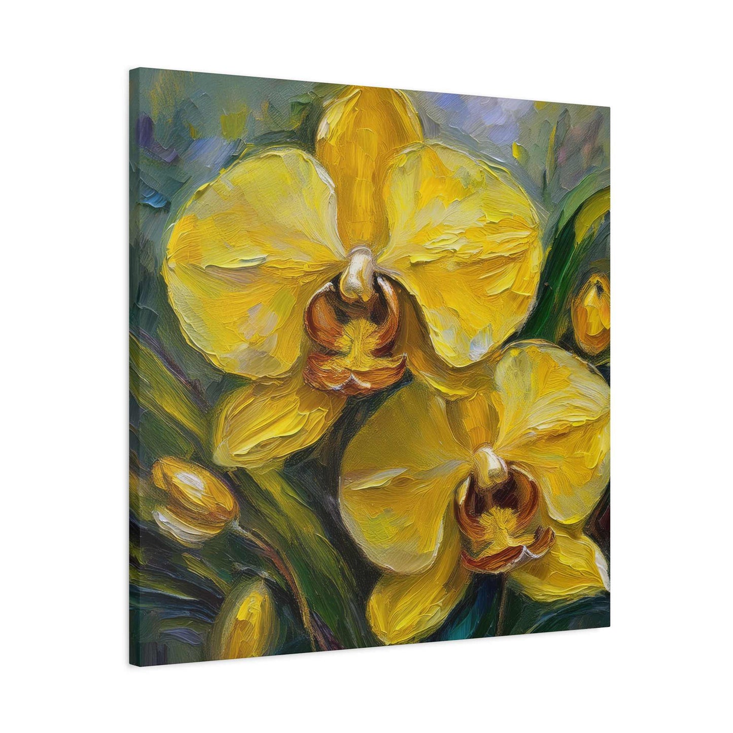 Yellow Orchids Print Canvas, Floral Oil Paint Print 20x20, 24x24, 30x30, 32x32, 36x36 Art Design Pine-Wood Inner Frame MC-140