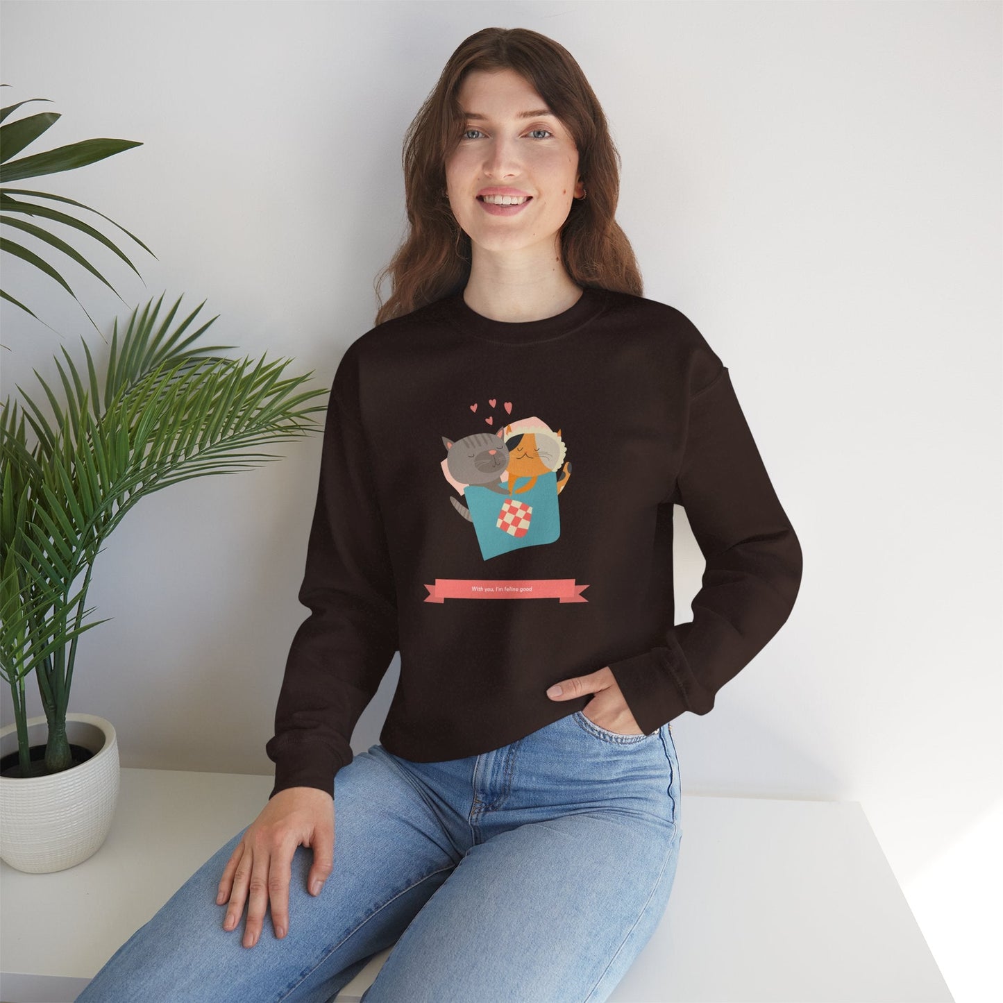 Cat Heart Sweatshirt Unisex Valentines Day 50 50 Cotton Poly Crewneck Gildan 18000