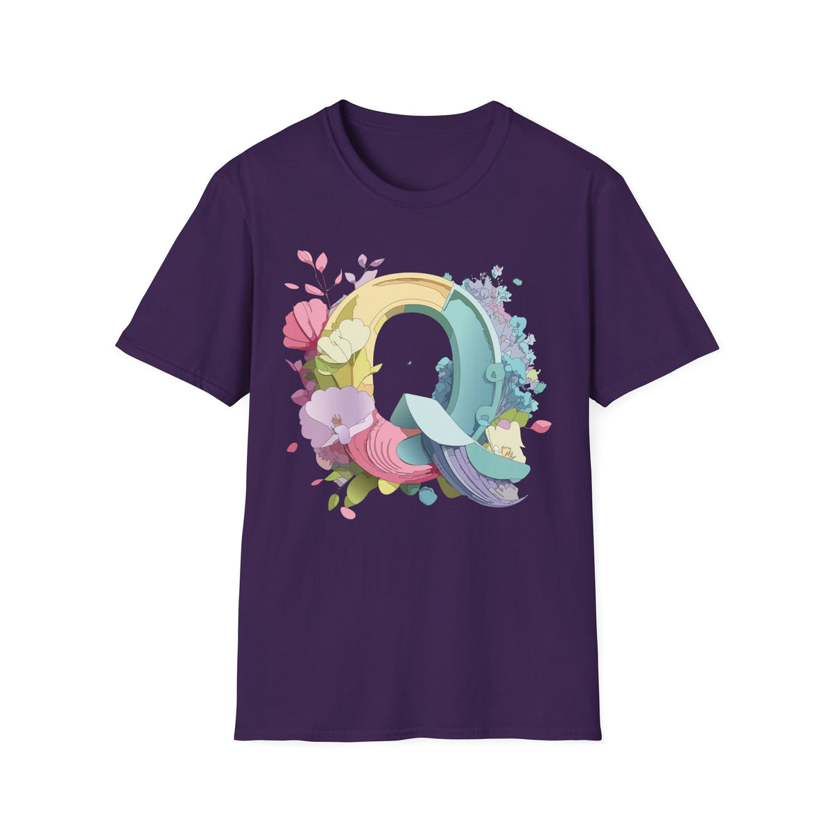 Floral Letter Q T-Shirt | Pastel Rainbow Monogram Tee
