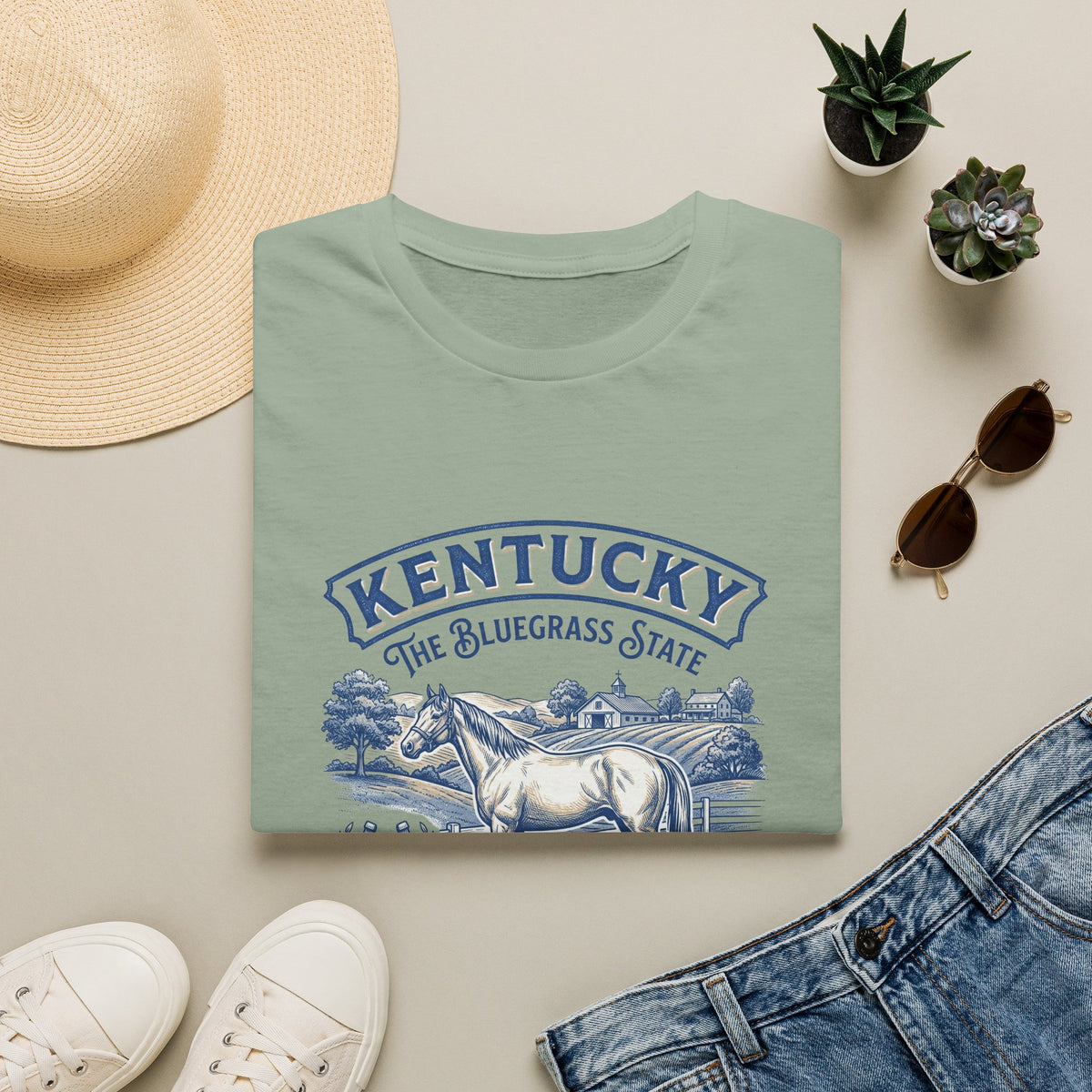Kentucky Horse & Bluegrass State Travel Tourist Graphic Design Unisex 100 Cotton Gildan T-Shirt