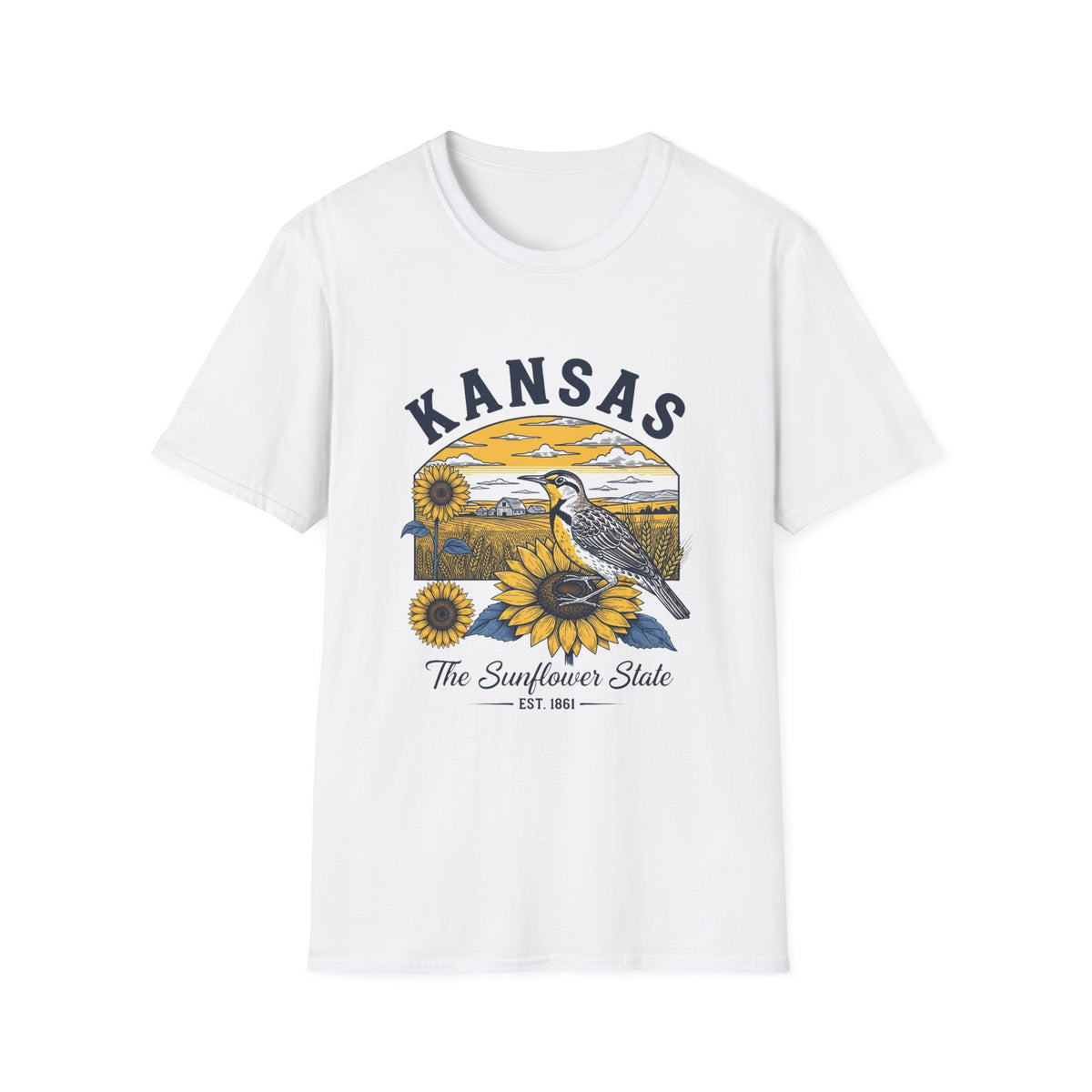 Kansas Sunflower State T-Shirt — Meadowlark Sunflowers Travel Tourist Graphic Design Unisex 100 Cotton Gildan T-Shirt
