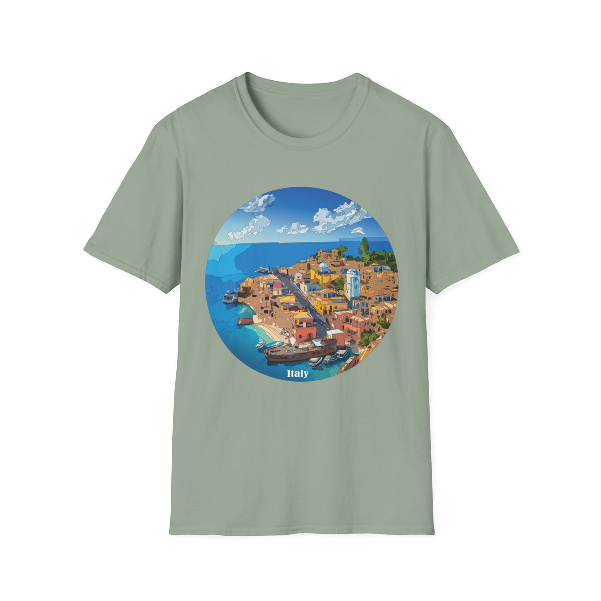 Italy Mediterranean Coastal Village Illustration T-Shirt | Seaside Landscape Tee
