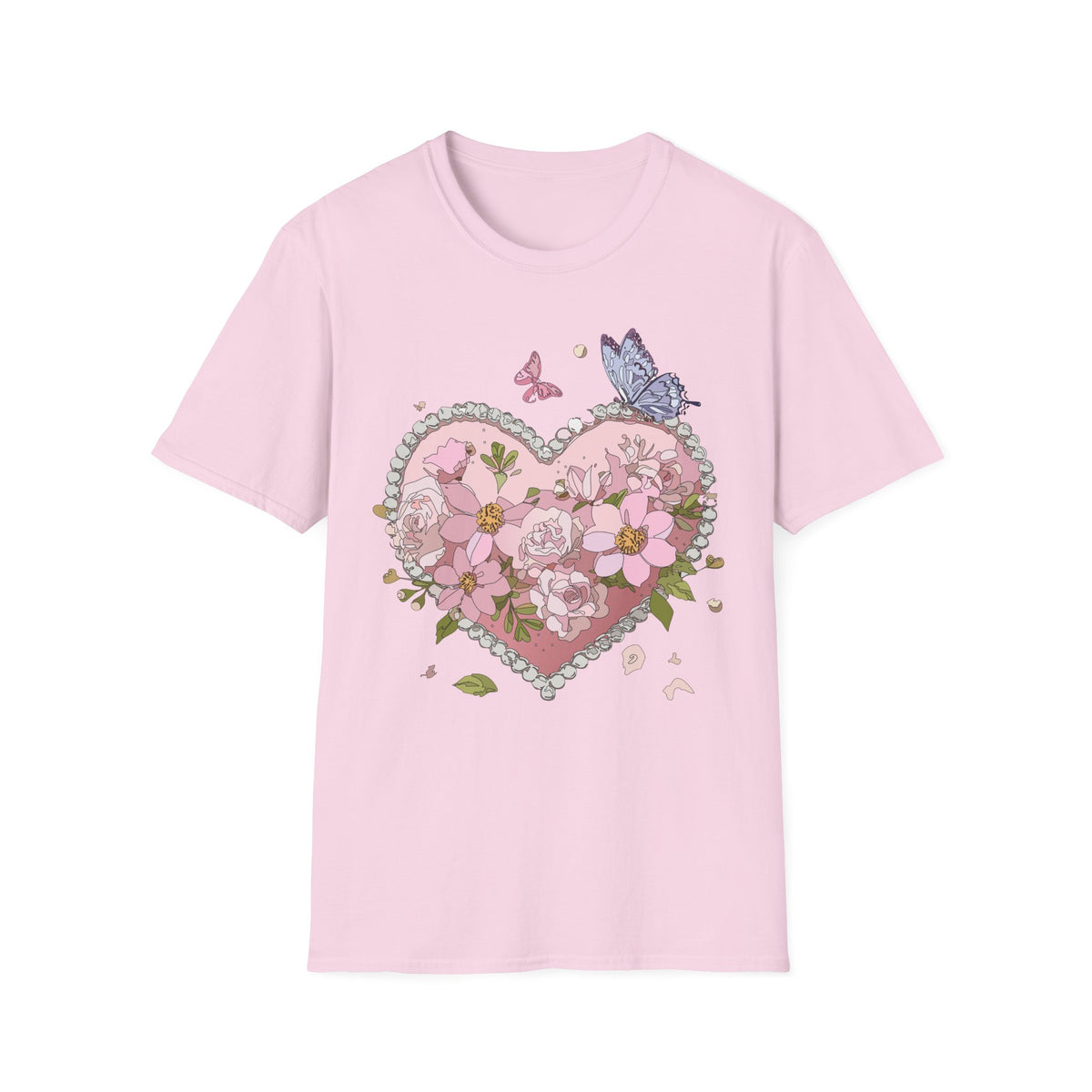 Floral Heart with Butterflies T-Shirt | Pink Flower Heart Graphic Tee Unisex 100 Cotton Gildan T-Shirt