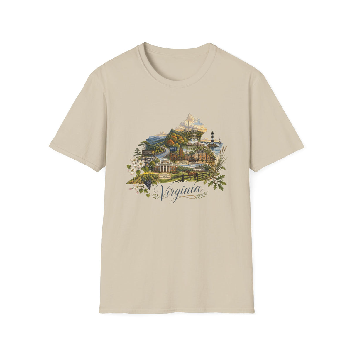 Virginia State Scenic T-Shirt — Vintage Mountains & Coastal Landmarks Travel Tourist Graphic Design Unisex 100 Cotton Gildan T-Shirt