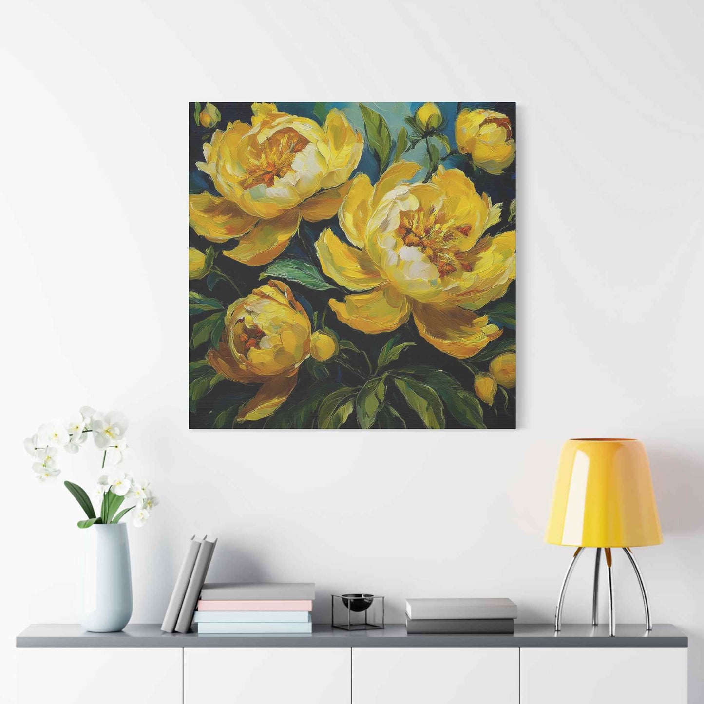 Yellow Peonies Print Canvas, Floral Oil Paint Print 20x20, 24x24, 30x30, 32x32, 36x36 Art Design Pine-Wood Inner Frame MC-121