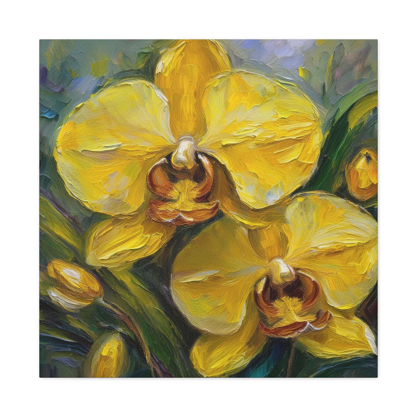 Yellow Orchids Print Canvas, Floral Oil Paint Print 20x20, 24x24, 30x30, 32x32, 36x36 Art Design Pine-Wood Inner Frame MC-140