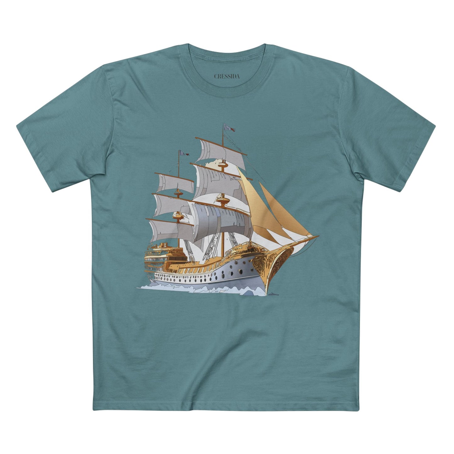 Ship Graphic Unisex 100 Cotton T-Shirt with Gold Frigate Art Design 7