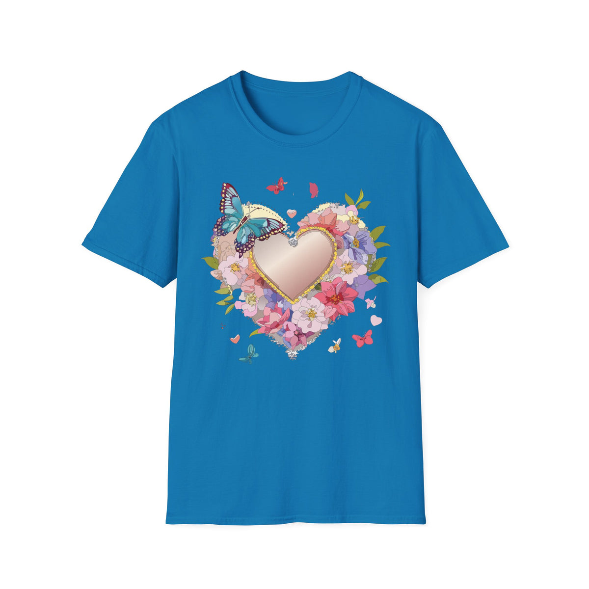 Butterfly Floral Heart Pink Gold Heart with Flowers and Butterflies Graphic Design Unisex 100 Cotton Gildan T-Shirt