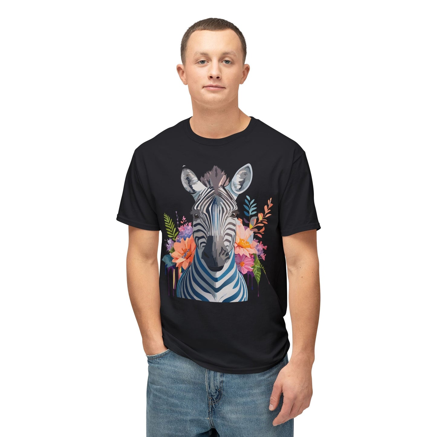 Unisex Zebra Art Print T Shirt HD Cotton Tee Floral Design Made In USA Premium Comfort Breathable