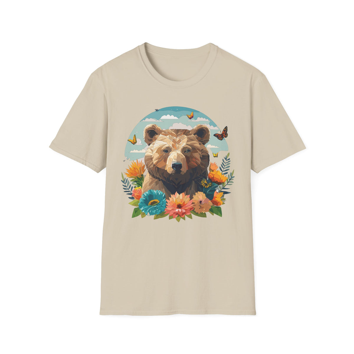 Brown Bear Illustration T-Shirt | Floral, Butterflies, Nature Scene Graphic Tee Unisex 100 Cotton Gildan T-Shirt