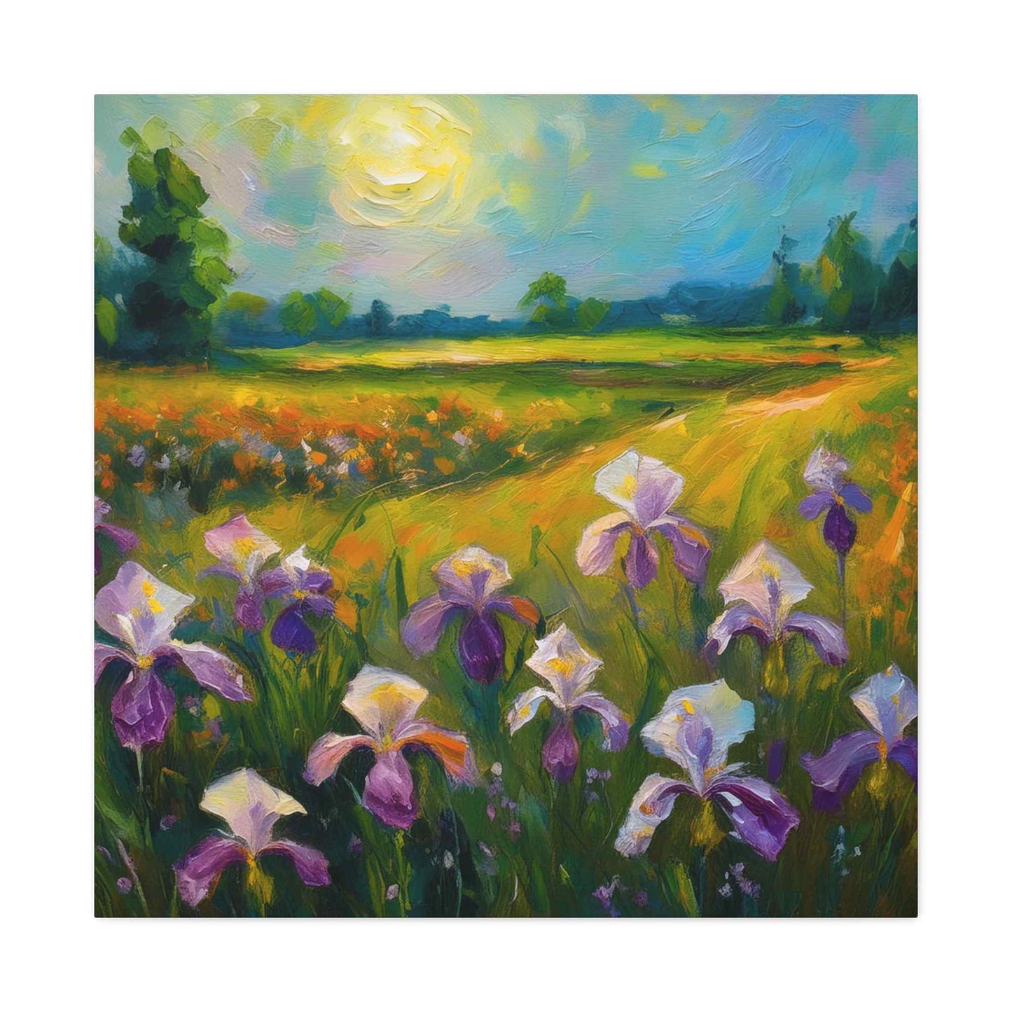 Irises Floral Print Canvas, Floral Oil Paint Print 20x20, 24x24, 30x30, 32x32, 36x36 Art Design Pine-Wood Inner Frame MC-180