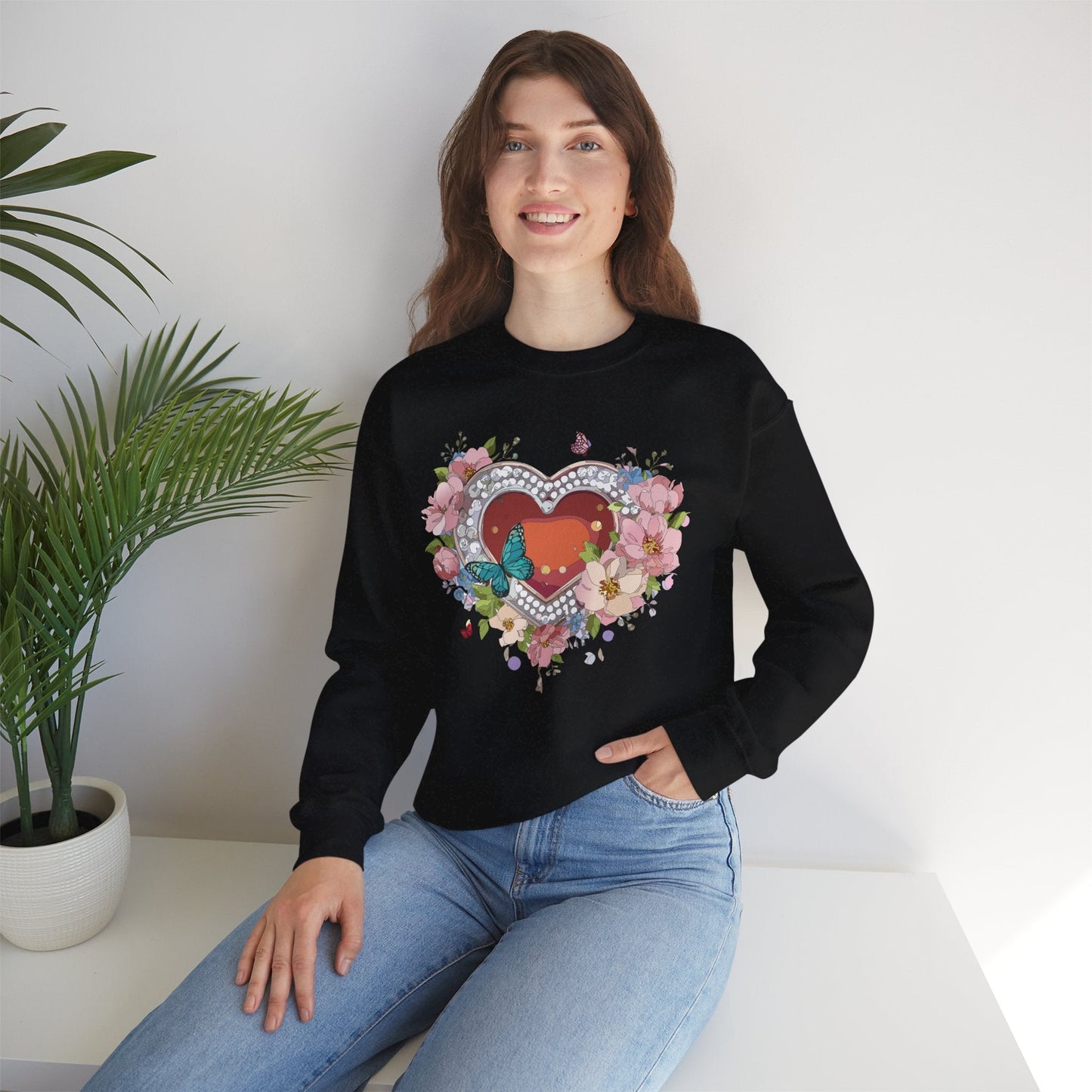 Floral Heart Sweatshirt Unisex Valentines Day Edition Gildan 18000 Heavy Blend Crewneck