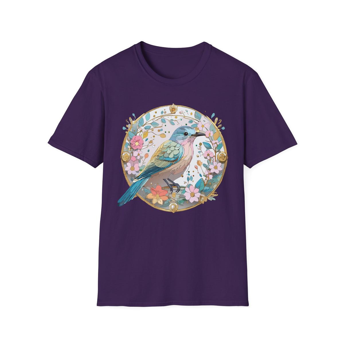 Floral Bird Illustration T-Shirt | Pastel Nature Circle Design