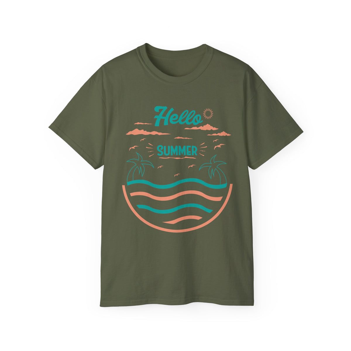 Hello Summer Beach Waves T-Shirt | Palm Tree Sunset Tee