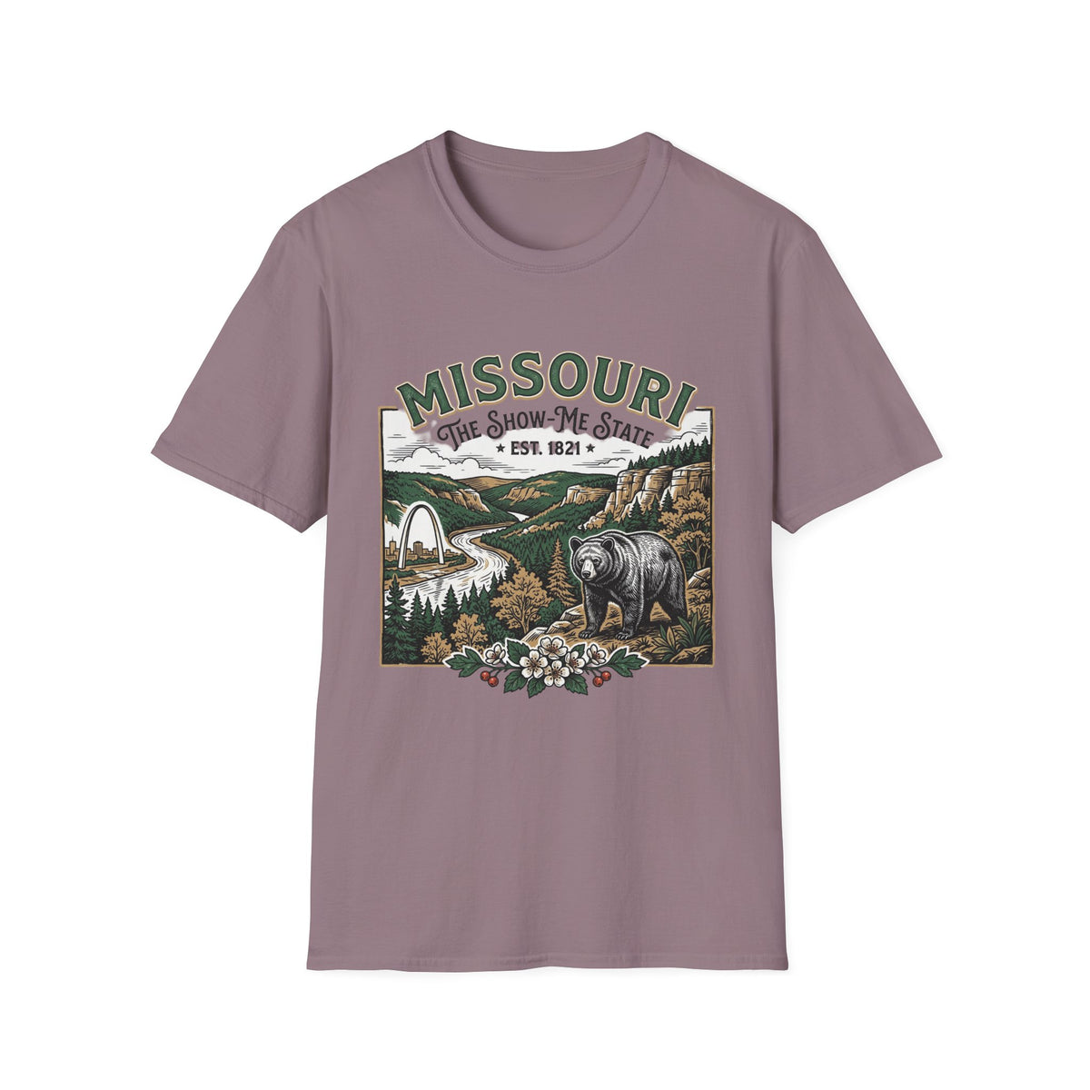 Missouri Vintage State Pride T-Shirt — State Scenic Bear Design Travel Tourist Graphic Design Unisex 100 Cotton Gildan T-Shirt