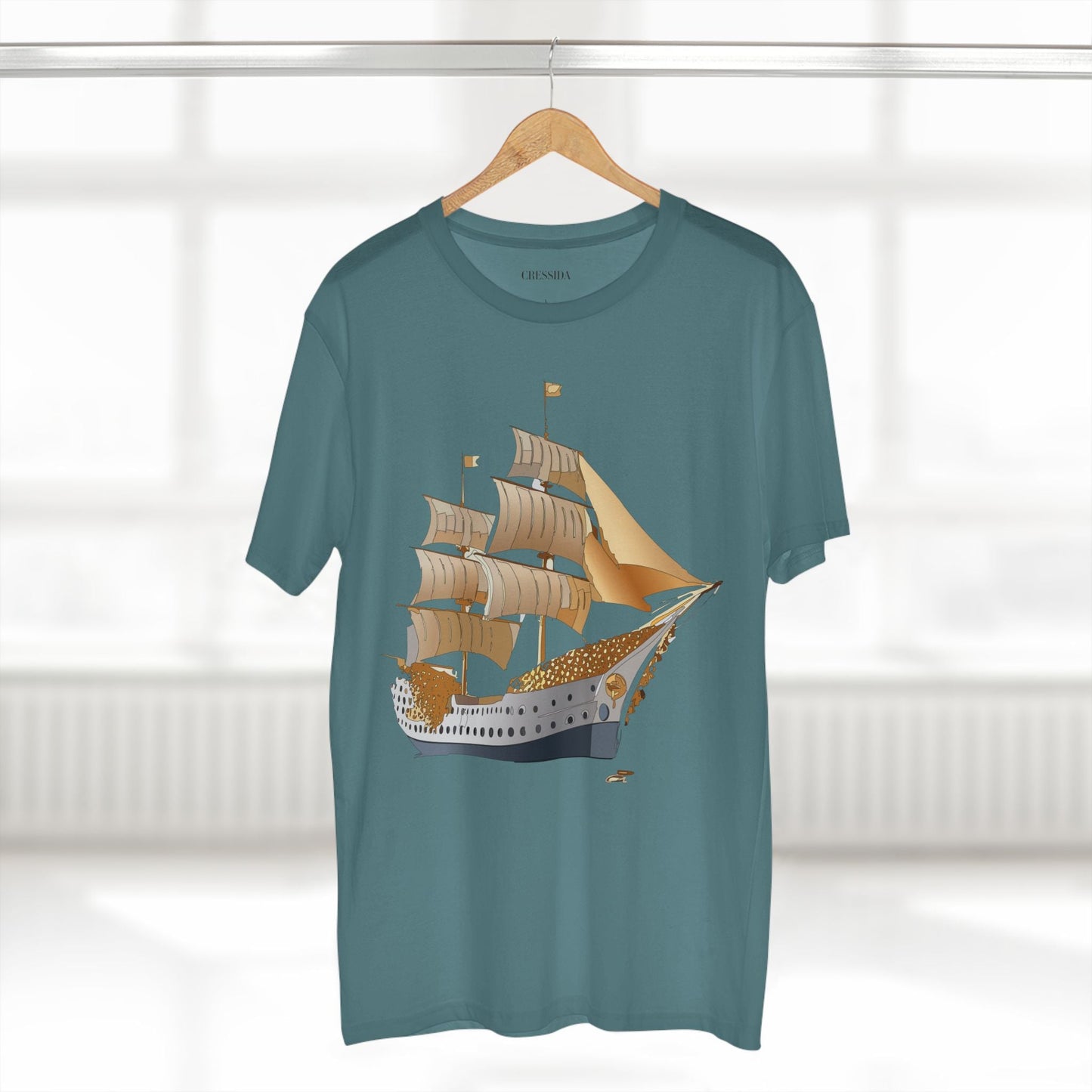 Ship Graphic Unisex 100 Cotton T-Shirt with Gold Frigate Art Design 25