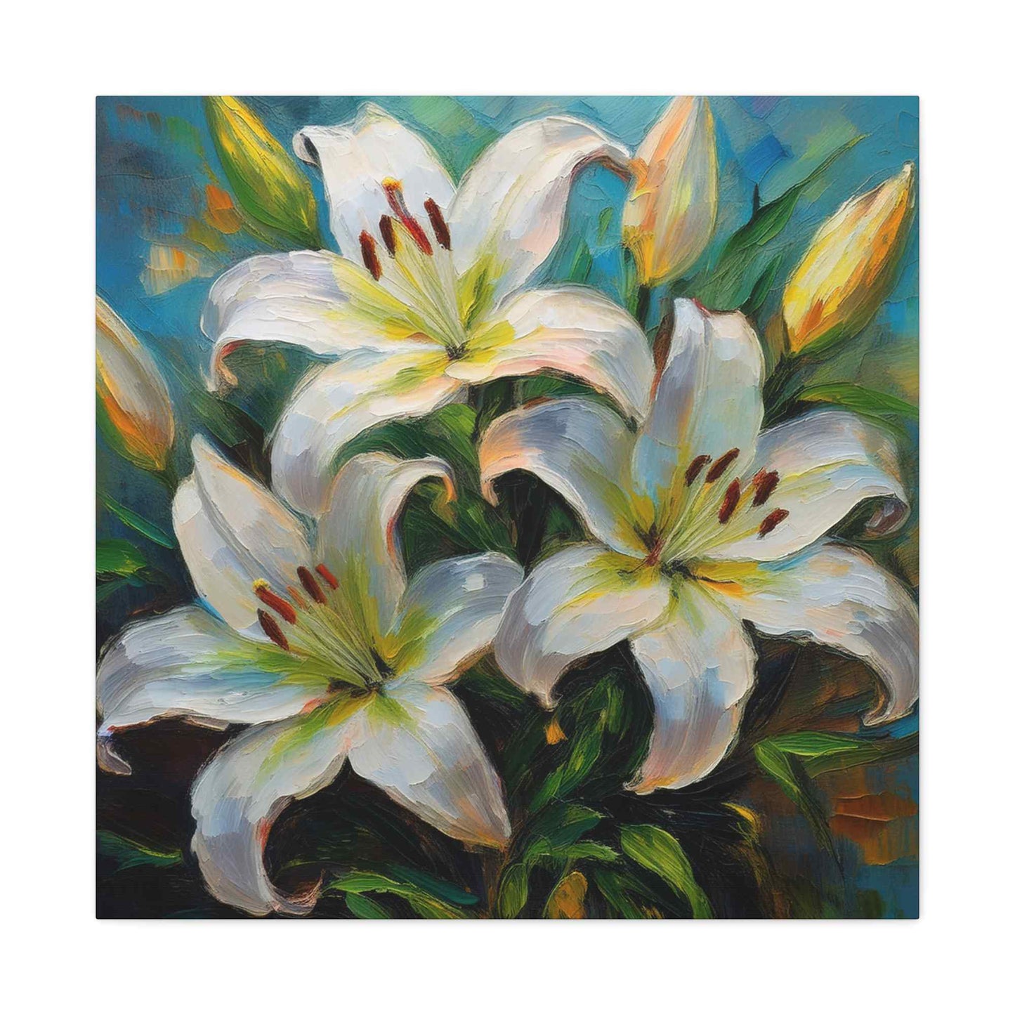 White Lilies Print Canvas, Floral Oil Paint Print 20x20, 24x24, 30x30, 32x32, 36x36 Art Design Pine-Wood Inner Frame MC-154