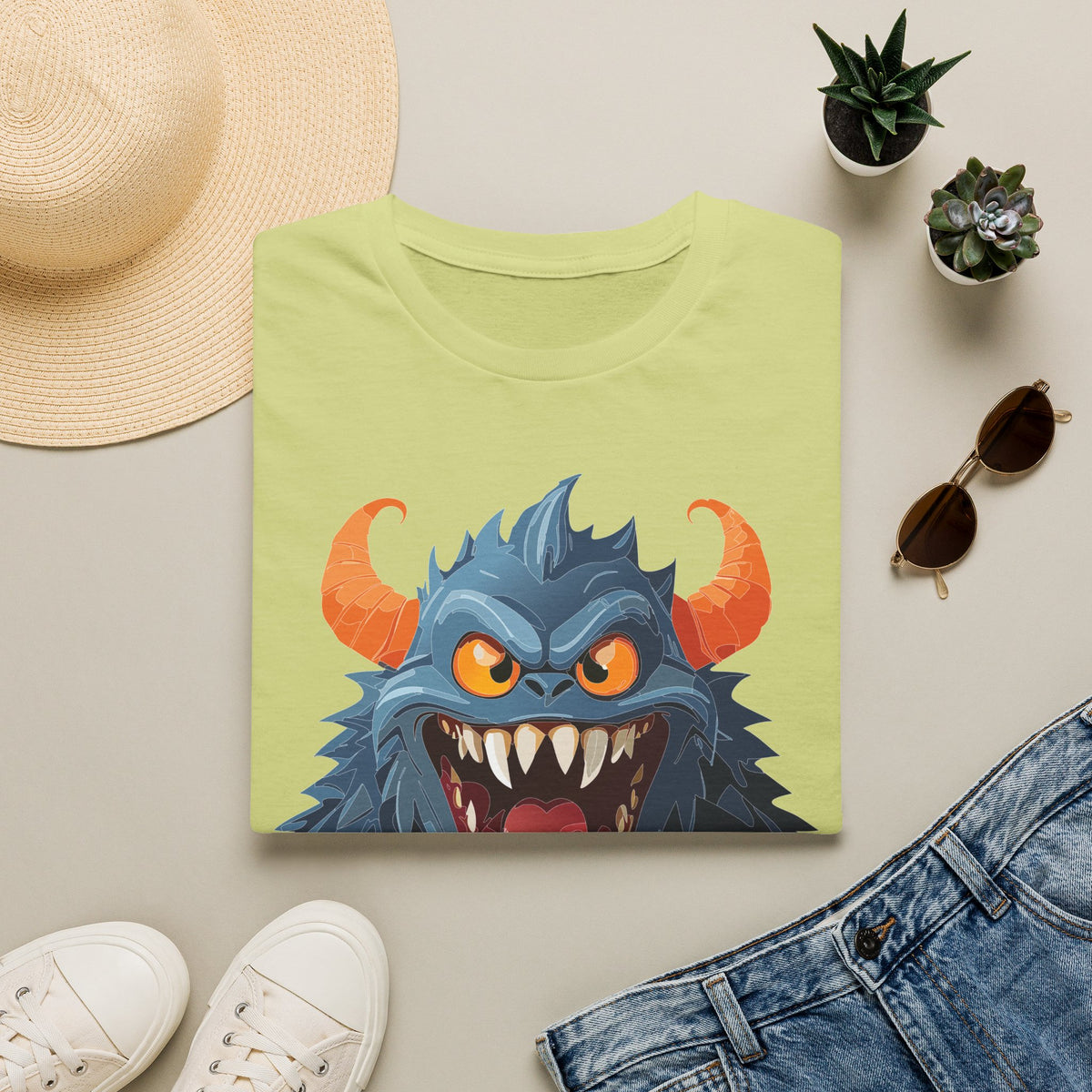 Monster Graphic T-Shirt — Fierce Blue Horned Creature Cartoon Graphic Tee Unisex 100 Cotton Gildan T-Shirt