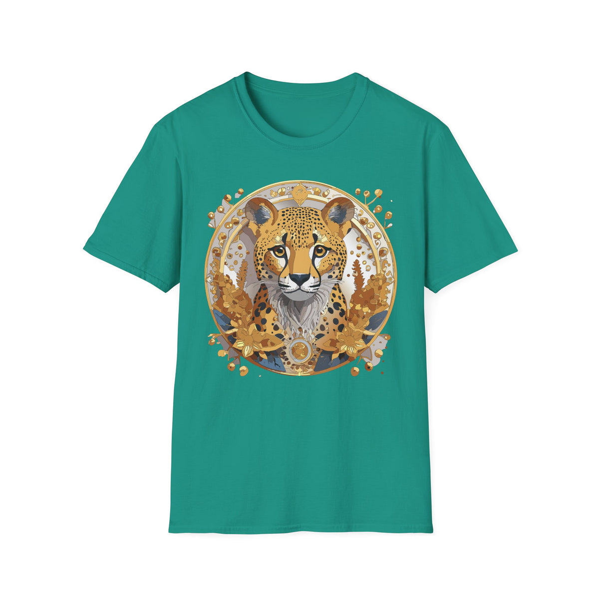 Golden Cheetah Face T-Shirt | Floral Accent, Boho Circle Design