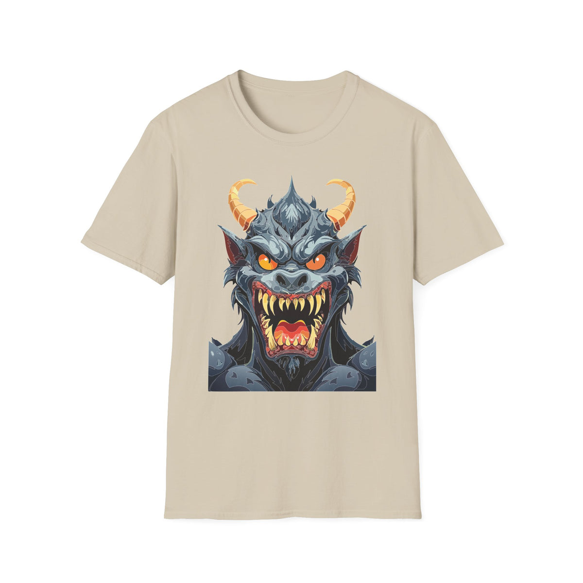 Demonic Monster Face T-Shirt — Fierce Horned Demon Cartoon Graphic Tee Unisex 100 Cotton Gildan T-Shirt