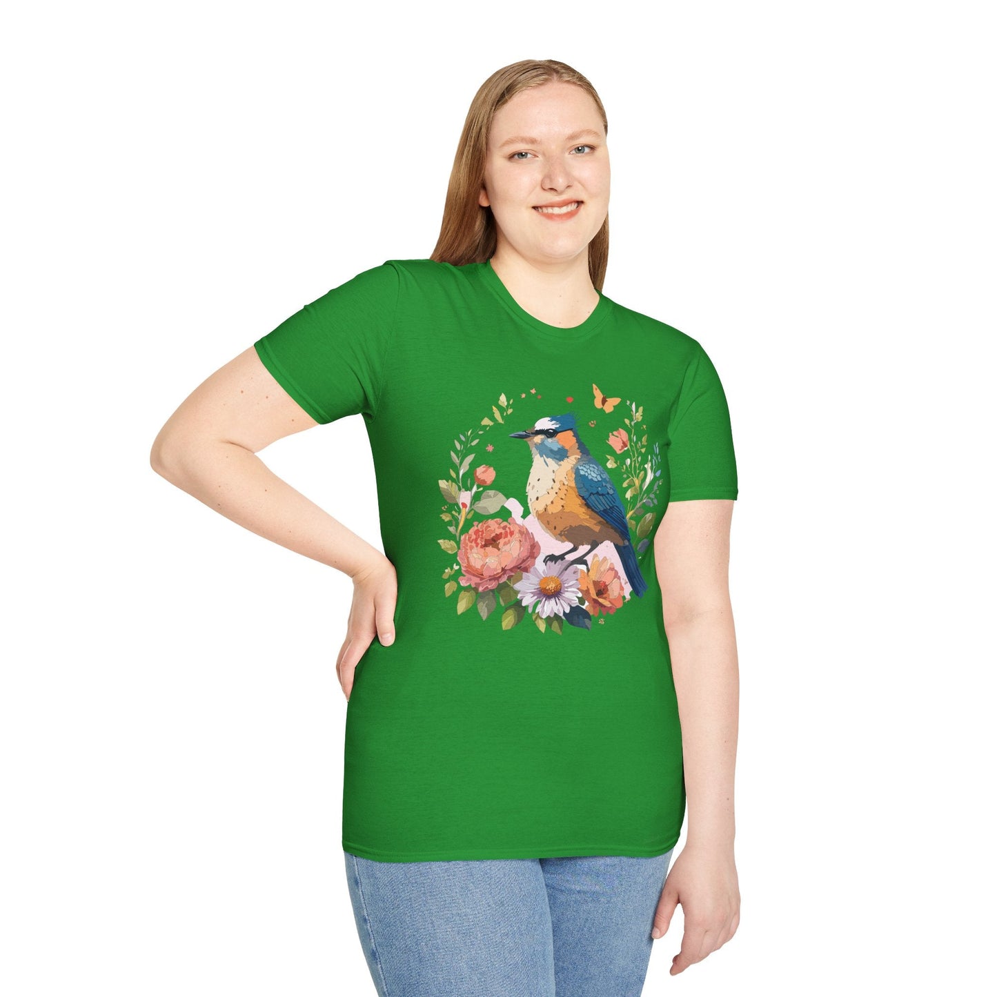 Floral Bird T Shirt Unisex Softstyle Gildan 64000 Tee 100 Percent Ring Spun Cotton